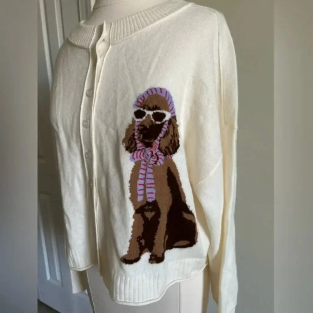 Anthropologie The Goldie Crew Neck Cashmere Blend Dog Cardigan Sweater S - Picture 3 of 10